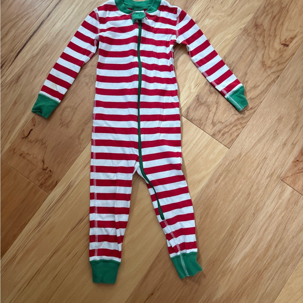 Hanna Andersson Red & White Stripe Footie with Green Trim